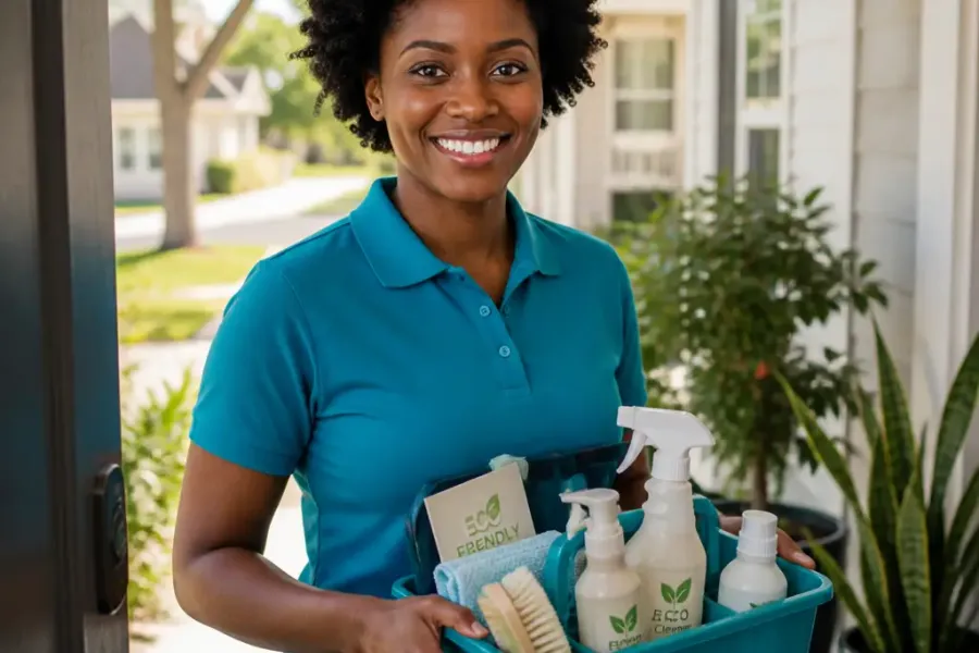 A house cleaner arriving at a client’s door